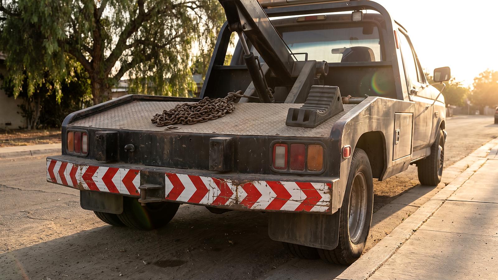 The back of a tow truck parked at a curb, reflective chevron striping and a coiled chain on the deck