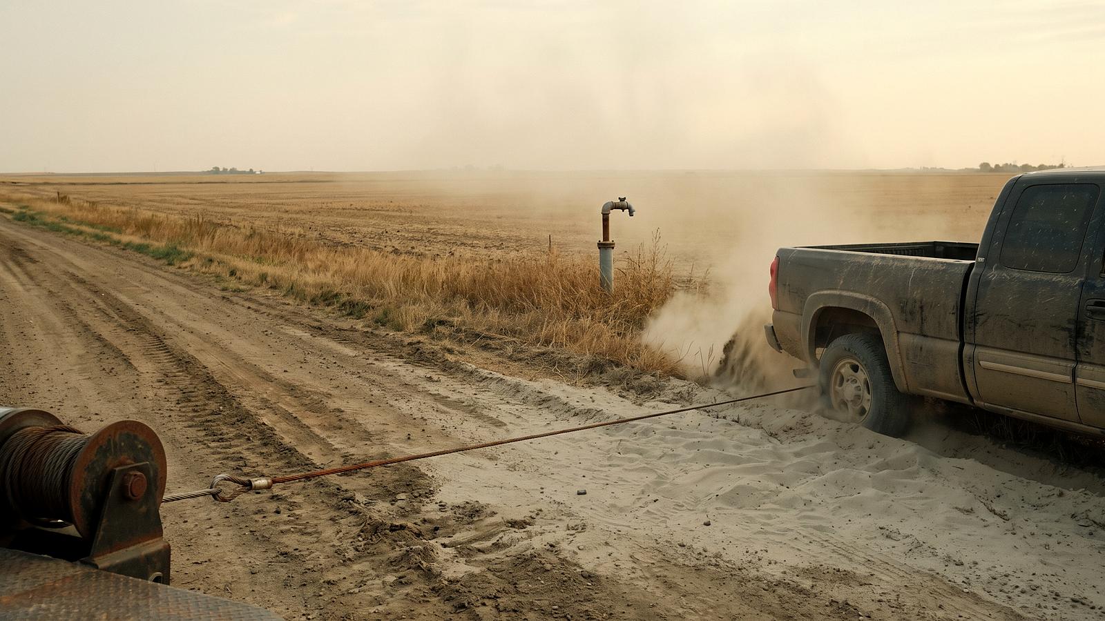 A winch cable run out to a pickup bogged in soft sand at the edge of a field road